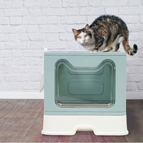Litière pliable pour chat - 51 x 41 x 38 cm - Avec couvercle - Facile d'entretien - Résistant aux éclaboussures - Poubelle fermée avec tiroir - Bleu (1/5)