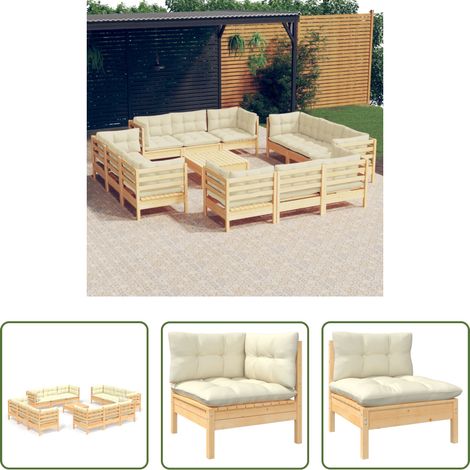 vidaXL Terrassensofa -  13-tlg. Garten-Lounge-Set mit Creme Kissen Kiefernholz (1/5)