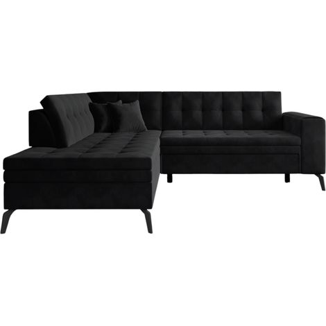 Canapé d'angle convertible velours LARRY - Pieds acier noir-Noir-angle gauche (1/5)