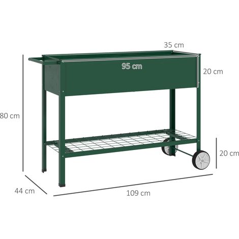 Jardinière surélevée, bac à fleurs, 1 étagère, 2 roues, 109 cm x 44 cm x 80 cm, verte (1/5)