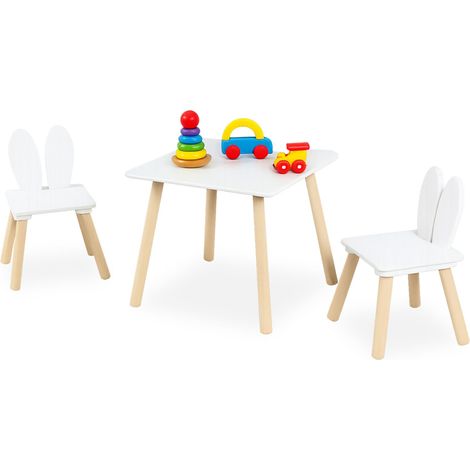 Set Relaxdays 3 pz.: tavolo e 2 sedie con orecchie di coniglio per la cameretta, bianco/naturale (1/5)