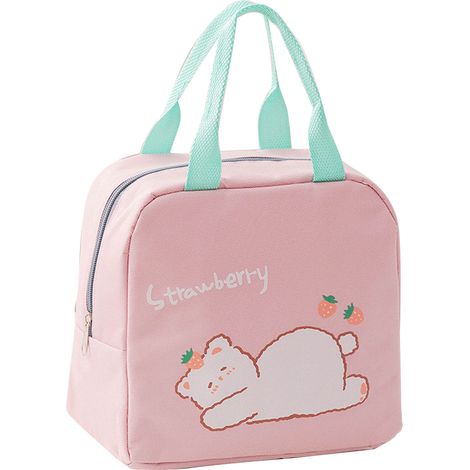 Borsa per il pranzo in stile cartone animato, chiusura a cerniera, manico allargato, tessuto Oxford, pellicola di alluminio, portapranzo portatile per studenti, rosa. (1/5)