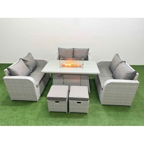 Fimous 8 Seater PE Wicker Rattan Furniture Sofa Sets with Firepit Dining Table 2 Seater Love Sofa 2 Stool Light Grey (1/4)