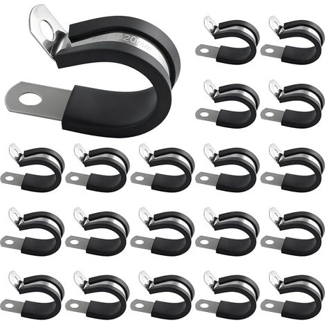 Lot de 20 Collier de Serrage, polyvalents Collier de Fixation de Tubes avec Insert en Caoutchouc, P-Clips de Serrage robustes en Acier Inoxydable, Coussin Colliers pour Tuyaux, Câbles, Conduits (20mm) (1/5)