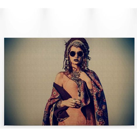 Tableau hippie bohème déco salon | Tableau sur toile portrait femme gris & orange | Tableau original idéal bureau & couloir 0,9 x 0,6 m (1/5)