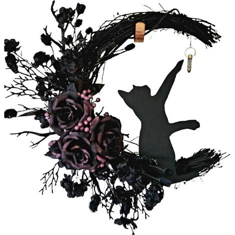 Mondkatzen-Kranz für Halloween, Türdekoration, Zweige, Kätzchen, Kunstblumen, Mondkatzen-Kranz - A9 (1/5)