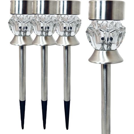 Lot de 4 bornes solaires chromé LED multicouleurs, à piquer, diffuseur en verre, haut. 360mm -Tibelec (1/3)