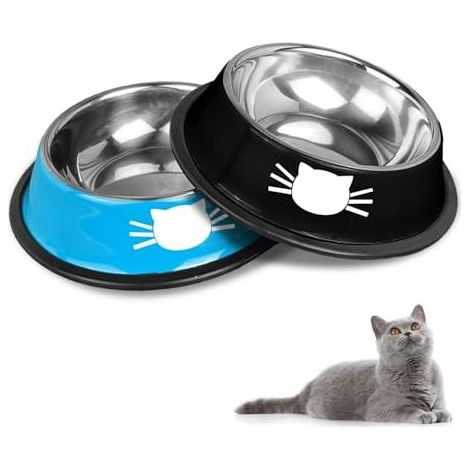 Gamelle pour Chat et Chien en Acier Inoxydable Antidérapante, Ensemble Bol Nourriture et Eau Grande Capacité, Design Bleu Noir Élégant pour Animaux de Compagnie (1/4)