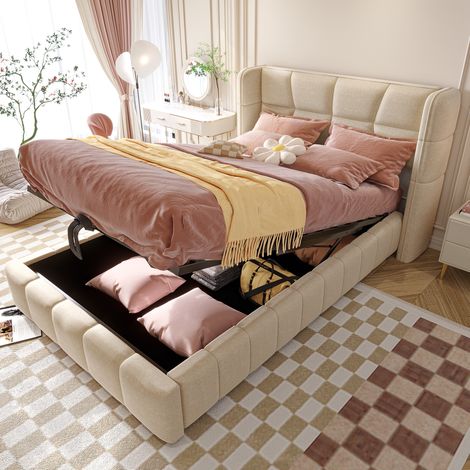 Letto imbottito per bambini 90x200 cm moderno, tessuto beige, testiera con alette e vano contenitore sollevabile (1/5)