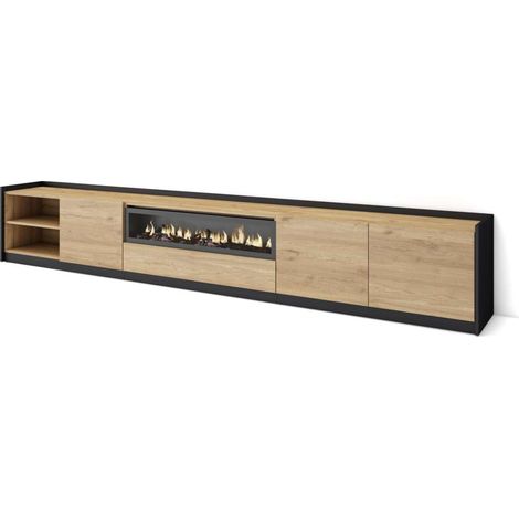 Mueble TV Lagos-02 de 310x50x37 cm con chimenea eléctrica, color roble y negro (1/4)