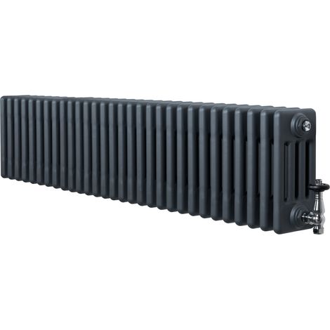 Radiador Horizontal 4 Columnas Gris Antracita 300x1370 mm con Válvulas Termostáticas – Radiador Tradicional de Acero, 1519W, Calefacción Eficiente Incluye Soportes, Kit y Cepillo – Garantía 15 Años