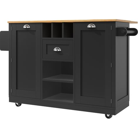 Isola cucina carrello mobile nero con piano effetto legno, portabottiglie e portasciugamani (1/5)