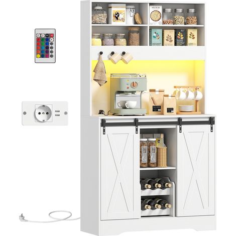 Buffet de cuisine avec prises électriques, LED, porte-bouteilles et portes coulissantes, meuble moderne 100x38x180 cm blanc