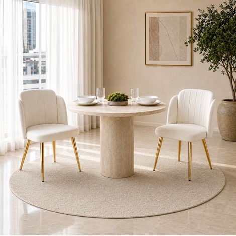 Sedia da pranzo imbottita bianca, schienale curvo, gambe regolabili, struttura in metallo dorato e legno (1/5)