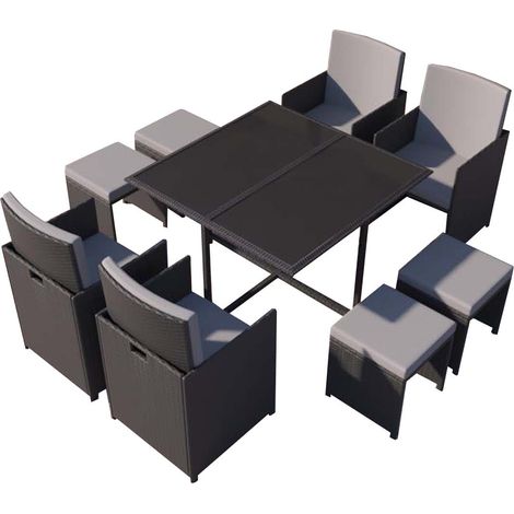 Concept-Usine – Ensemble table et chaises de jardin 8 places – Résine tressée noir et gris – Table carrée avec plateau en verre – Dossiers rabattables