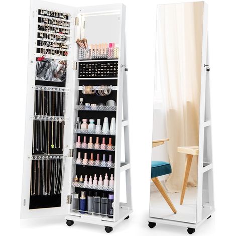 COSTWAY Armario para Joyas, Espejo Joyero de Pie Con Cerradura, Organizador De Joyas Con Espejo de Maquillaje Incorporado, Luces LED De 3 Colores, Estantes Ajustables Y Ruedas Universales (Blanco) (1/5)