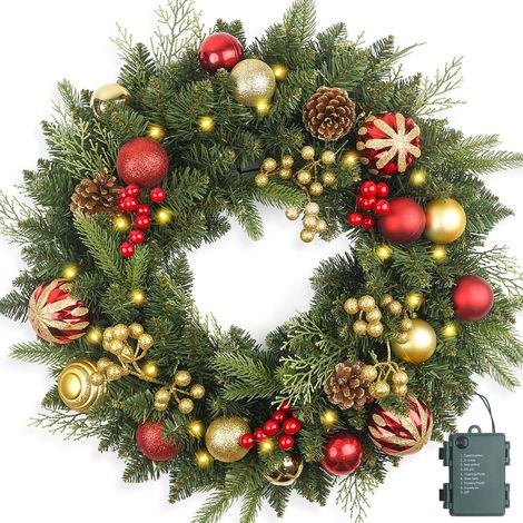 Couronne de Porte de Noël 40 cm avec Lumières LED, Pommes de Pin et Boules Rouge Or, Décoration Festive (1/5)