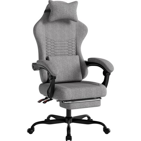 Sedia gaming ergonomica in tessuto con poggiapiedi e poggiatesta reclinabile grigio chiaro (1/4)