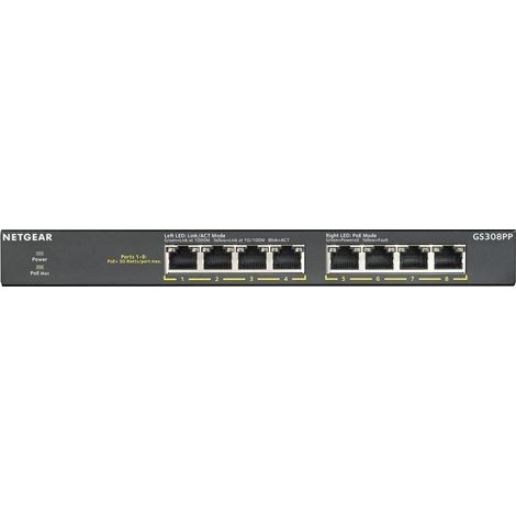 NETGEAR GS308PP Non gestito Gigabit Ethernet [10/100/1000] Supporto Power over Ethernet [PoE] Nero (8-PORT GB POE+ FLEX SWITCH - FANLESS) (1/5)