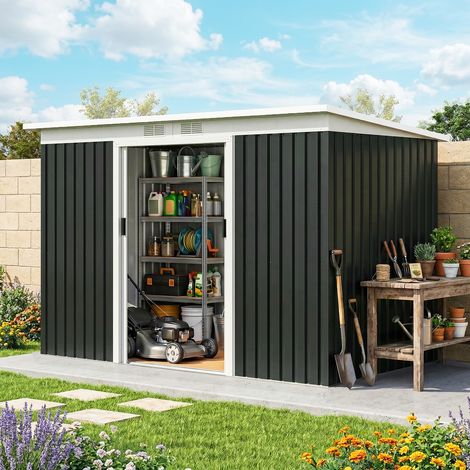 Coffre de jardin en tôle d'acier pour ranger outils, portes coulissantes, 280x130x172cm, gris-noir (1/4)