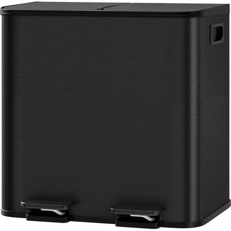 Poubelle de cuisine 30L en inox – 2 compartiments 15L, pédale, couvercle à fermeture douce, tri des déchets efficace, Noir (1/5)