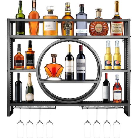 Porte Bouteille Mural 3 Niveaux 140cm acier Carbone Moderne Flottantes en Casier à Bouteilles Étagère À Vin Charge 50kg Support Verres 30 Bouteilles pour Maison Cuisine Bar (Black,140x15x80cm) (1/5)