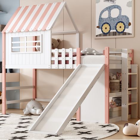 Letto per bambini a soppalco con scivolo in legno OKMYHOME (1/5)