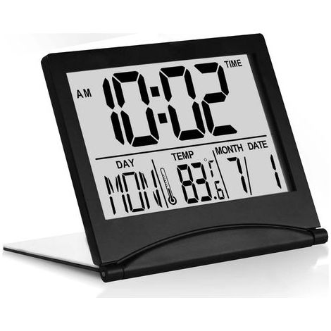 Foldable digital travel alarm clock with LCD screen, calendar and temperature display, snooze mode, compact design for office or bedroom (1/5)