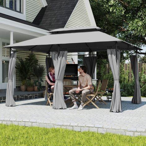Tonnelle de jardin 3x4m, 6 colonnes, double toit, 12 oeillets de drainage, gris foncé
