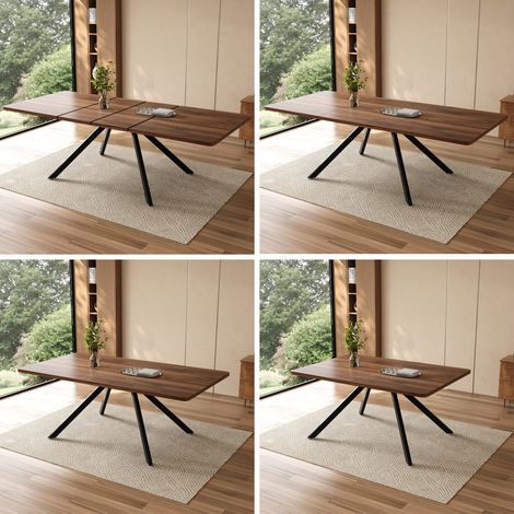 Mesa de comedor extensible en 3 longitudes (160/200/240 x 90 cm), ideal para 6 a 10 personas, forma, patas de metal, estilo sencillo, color nogal. (1/5)