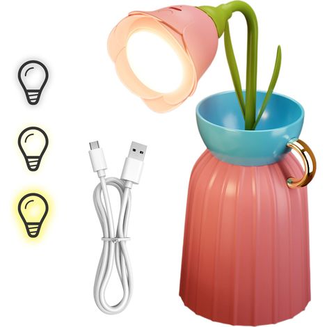 Lampe de Bureau LED Fleur Rose, Lampe de Lecture Rechargeable 3 Températures, Lumière Réglable Sans Fil, Veilleuse de Chevet pour Chambre Étude Dortoir (1/5)