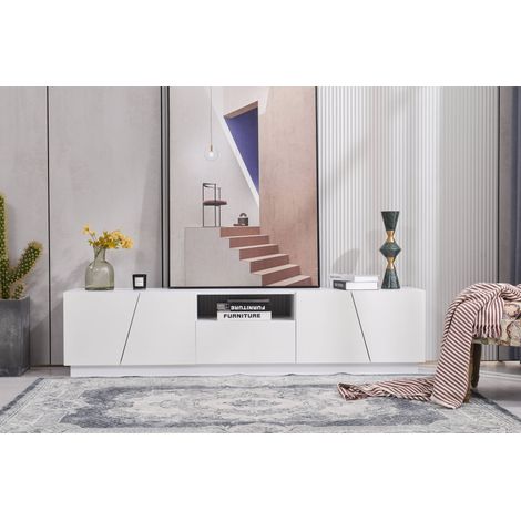 Meuble TV 170cm - avec 1 tiroir, 4 portes, 1 étagère, style patchwork - blanc brillant (1/5)