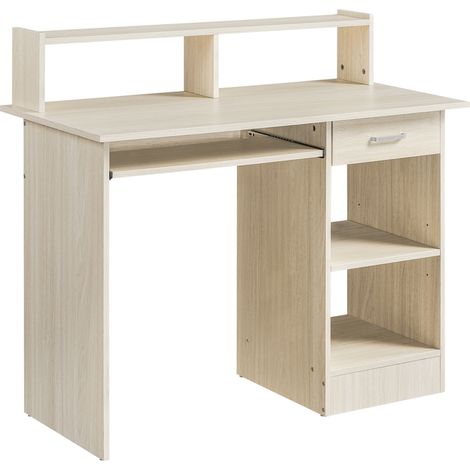Homevive Escritorio de Ordenador de Madera con Cajón, Soporte para PC, Bandeja para Teclado y Estante de Almacenamiento, Mesa de Despacho para Espacios Reducidos, Madera Clara (1/5)