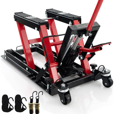 COSTWAY 680KG Motorcycle Lift Jack Hydraulic Motorcycle Hoist w/ 4 Wheels-Red (1/5)