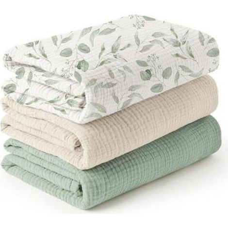 Ensemble de trois couvertures pour bébé en mousseline, couverture d'emmaillotage pour nouveau-crème abricot+feuilles+vert-120120cm