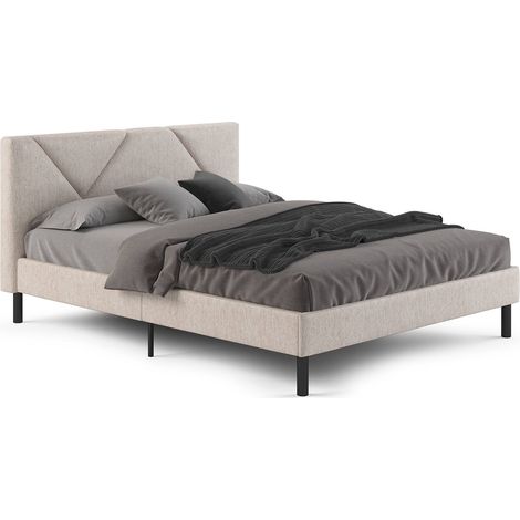 Dmora - Letto piazza e mezza Hemera, Letto imbottito in tessuto con testiera, Doghe in legno, adatto a materasso da 120x190, Beige