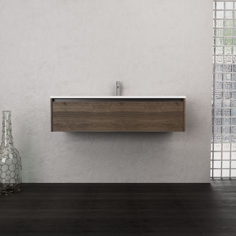 Inda - Badezimmerschrank 1 Schublade B.120 mit mattiertem Waschbecken / Braune Eiche - Smeraldo