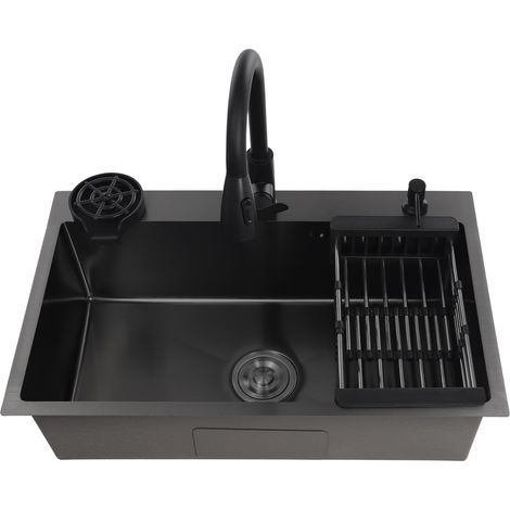 Évier de cuisine noir - Évier 1 bacs - 72x45x20 cm - Inox 201 - Bec extractible 60 cm - Pompe à verre - Bonde - Pour maison, resto (1/5)