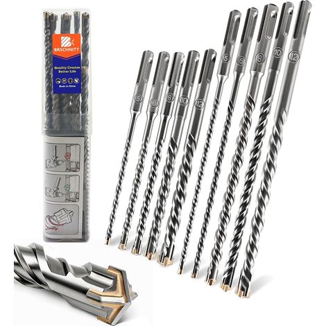 SDS Plus Lot de 10 forets pour béton 5/6/8/10/12 160MM+5/6/8/10/12 210MM - Compatible marteaux perforateurs SDS Plus pour béton, brique, pierre et maçonnerie (1/5)