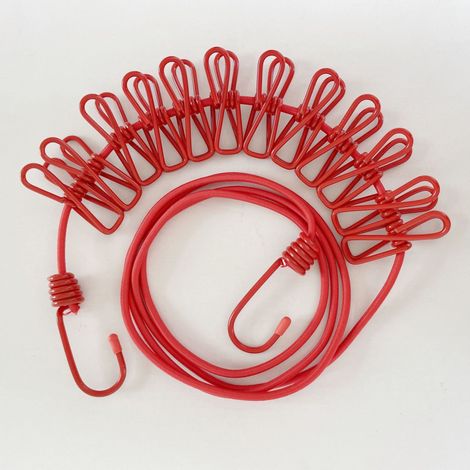 Dos tendederos retráctiles con 12 pinzas, ideales para viajes y acampadas. Para uso exterior, color rojo. (1/5)