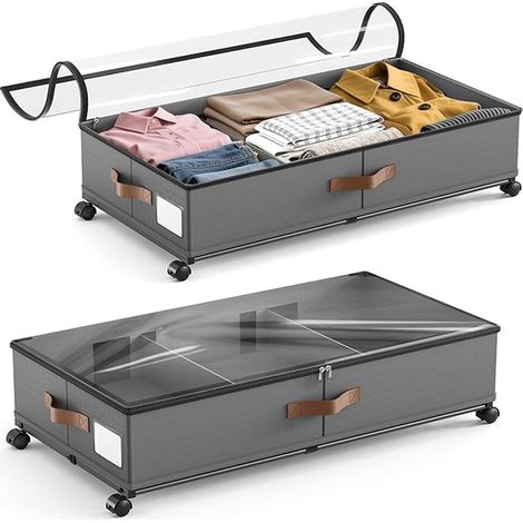 boîtes de rangement sous lit de 48 l Avec roulettes Rotation à 360° Avec couvercle en PVC Cadre en métal Pour vêtements, chaussures et couvertures 78 × 42 × 17 cm (1/5)