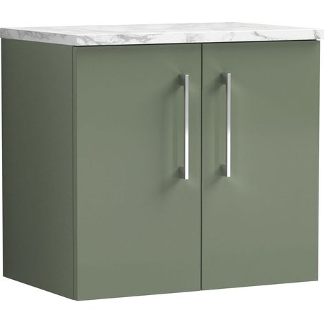 Nuie Arno Wall Hung 2-Door Vanity Unit with Carrera Marble Worktop 600mm Wide - Satin Green (1/4)