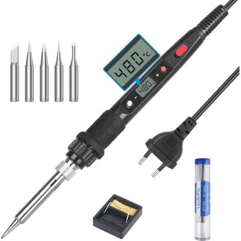 Fer à Souder électrique 80W Kit de Soudure Température Réglable 180℃480℃ Visible avec l'Interrupteur ON/OFF, 5 Pointes de Rechange pour Réparation Soudage Brasage Quotidiens (1/5)