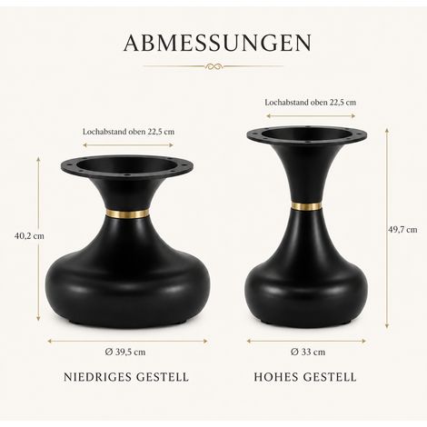 Ensemble de 2 pieds de table basse noirs en métal, disponibles en 2 hauteurs, avec anneau décoratif doré, base stable et patins antidérapants, pour plateaux ronds (plateau non inclus). (1/5)