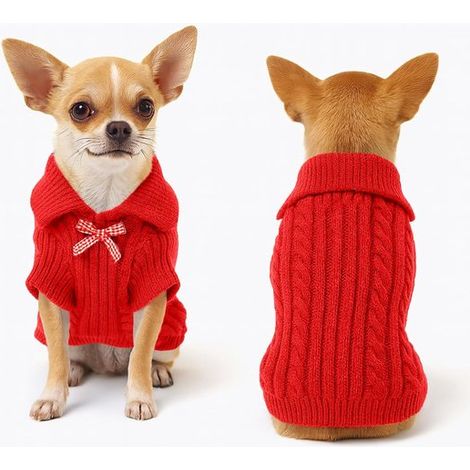 Maglioncino con motivo a fiocco per cani di piccola taglia, abbigliamento per animali domestici lavorato a maglia, abbigliamento invernale caldo, cerniera, rosso, XL (1/5)