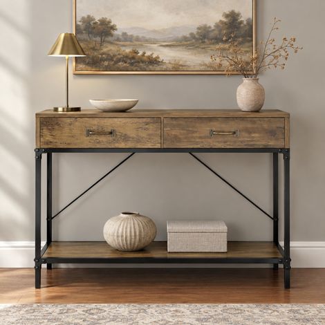 Konsolentisch mit 2 Schubladen und Ablage, 100 x 35 x 76,5 cm, Spanplatte und Metall, Braun/Schwarz (1/5)