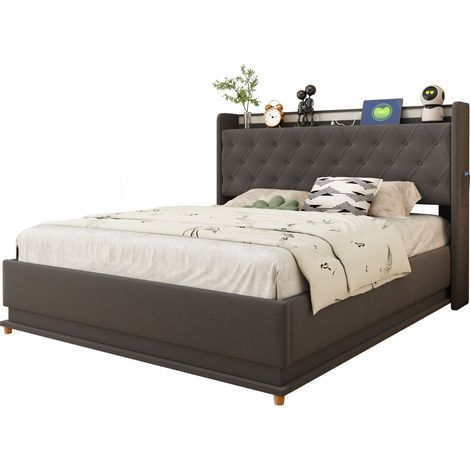 Lit capitonné LED 140x200 avec USB et coffre hydraulique, lin doux gris, pour chambre adulte et ado, matelas non inclus, gain de place, confort optimal (1/5)