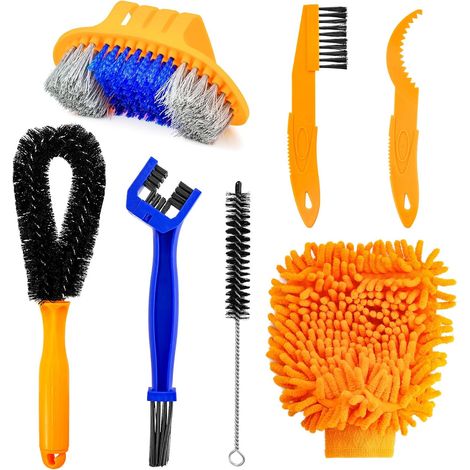 Set di 7 accessori per la pulizia della bicicletta, comprensivo di attrezzi, spazzola con setole e pulitore per catena, adatto a tutti i tipi di bicicletta. (1/2)