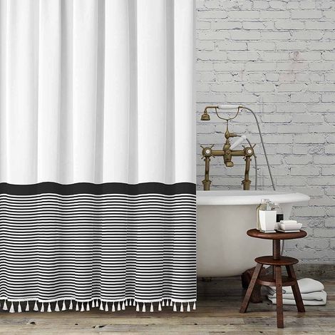 Rideau de Douche Noir et Blanc à Rayures avec Pompons pour décoration de Salle de Bain, Lourd lesté, 183 x 183 cm (1/5)