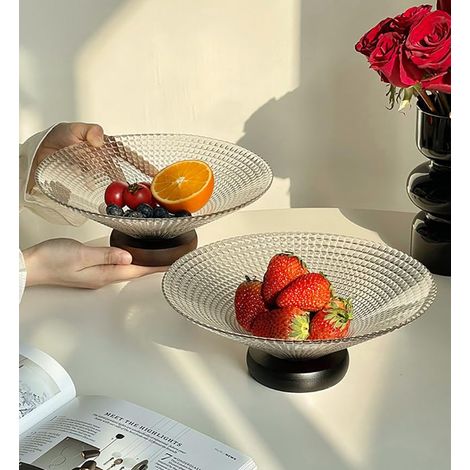 Grand bol à fruits en verre avec piédestal en bois décoratif moderne pour cuisine, comptoir de cuisine, décoration de table (1/5)